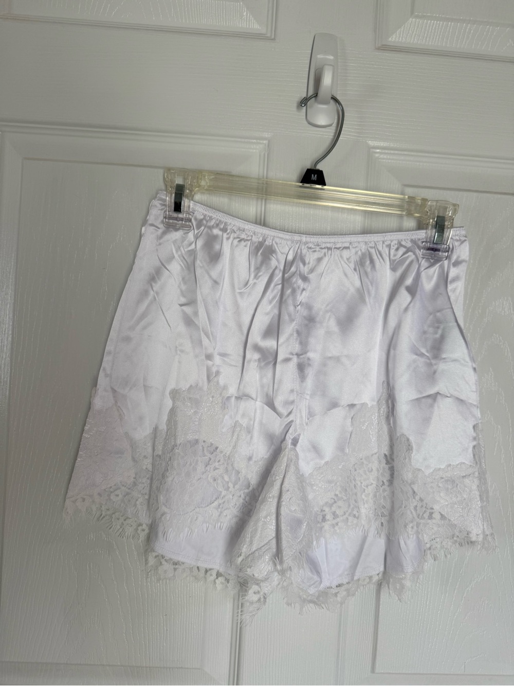 Amazon Women's White Satin Lace Trim Shorts